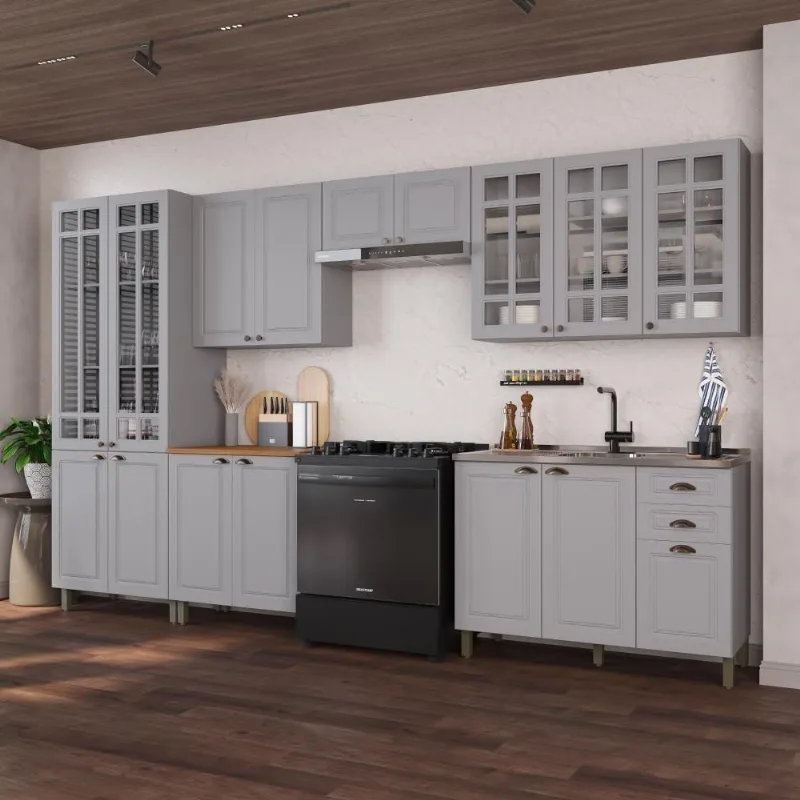 Cozinha Completa Nara 16 Portas 2 Gavetas MDF 360CM Titânio Fidelita Móveis 6 Peças Modulada