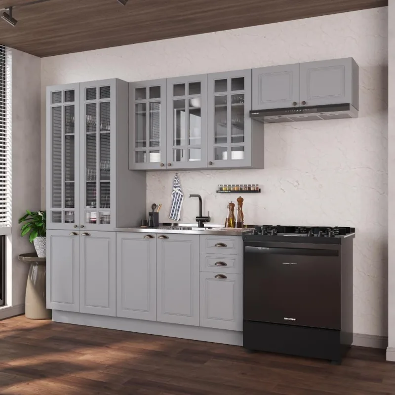 Cozinha Compacta Modulada Nara 12 Portas 2 Gavetas MDF Titânio Fidelita Móveis