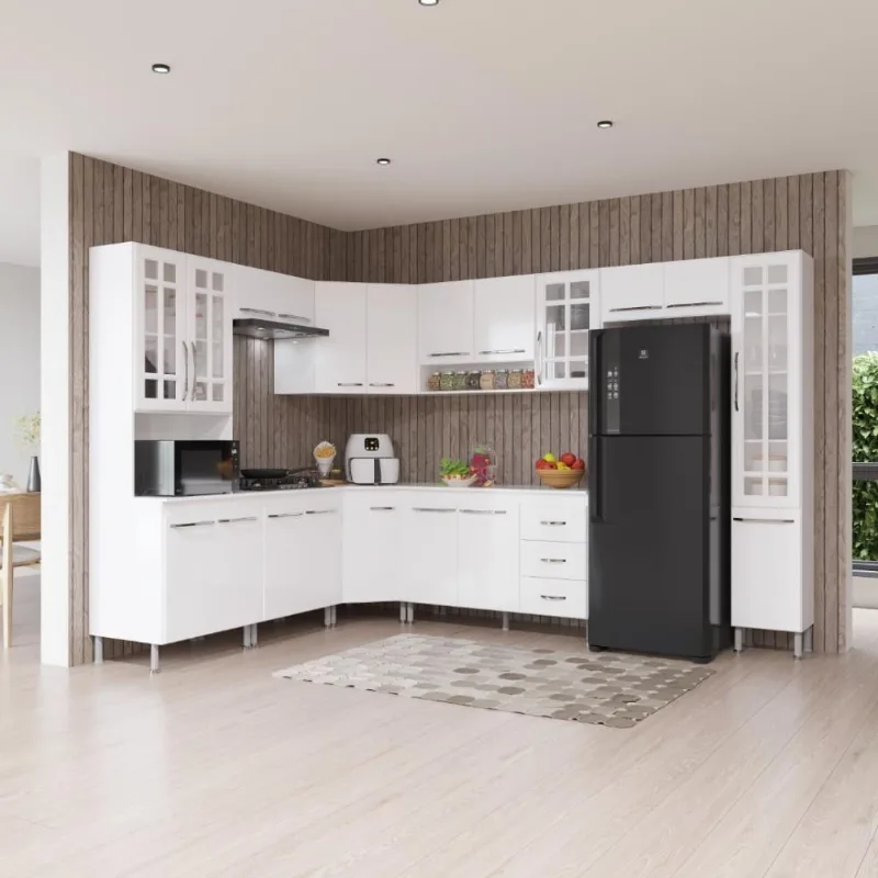 Armário de Cozinha Modulada Completa de Canto Viena 20 Portas 3 Prateleiras MDP 515cm Branco