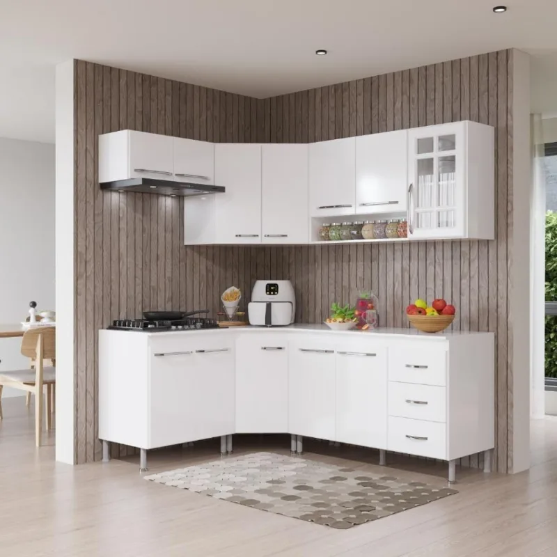 Armário de Cozinha Modulada Completa de Canto Viena 12 Portas 3 Gavetas MDF-MDP Branco Fidelita