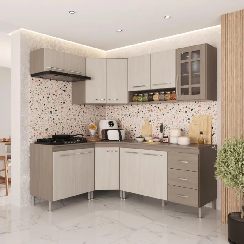 Armário de Cozinha Modulada Completa de Canto Paris 12 Portas 3 Prateleiras MDP 340cm Nogal Salinas