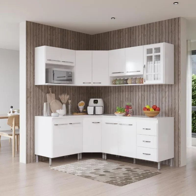 Armário de Cozinha Modulada Completa de Canto Viena 12 Portas 3 Gavetas MDF-MDP Branco Fidelita