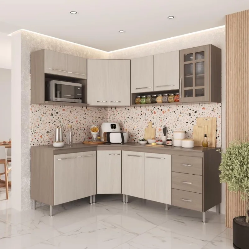Armário de Cozinha Modulada Completa de Canto Paris 12 Portas 3 Gavetas MDP-MDF 340CM Nogal-Salinas