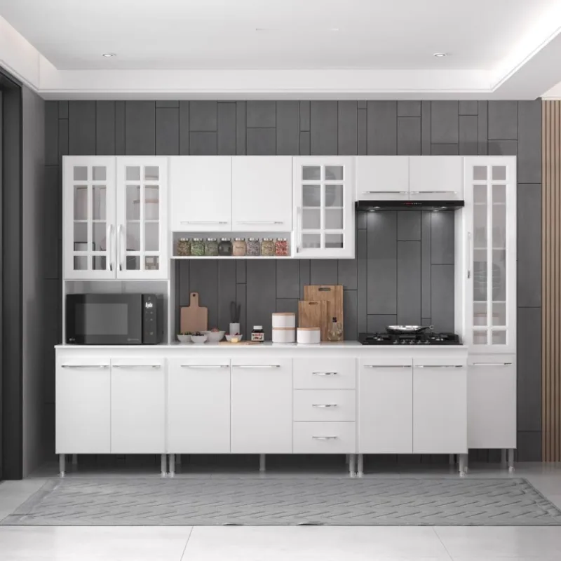 Armário de Cozinha Modulada Completa Viena 15 Portas 3 Gavetas 295CM Branco Fidelita Móveis