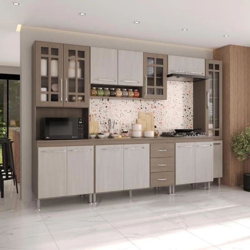 Armário de Cozinha Modulada Completa Paris 15 Portas 3 Gavetas MDP 295CM Nogal Salinas Fidelita