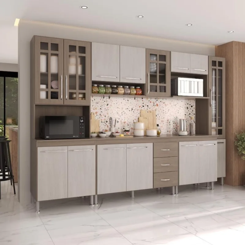 Armário de Cozinha Modulada Completa Paris 15 Portas 3 Gavetas MDF-MDP Nogal-Salinas Fidelita Móveis