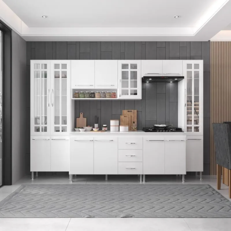Armário de Cozinha Modulada Completa Viena 6 Peças 15 Portas 3 Gavetas 295CM Branco Fidelita Móveis