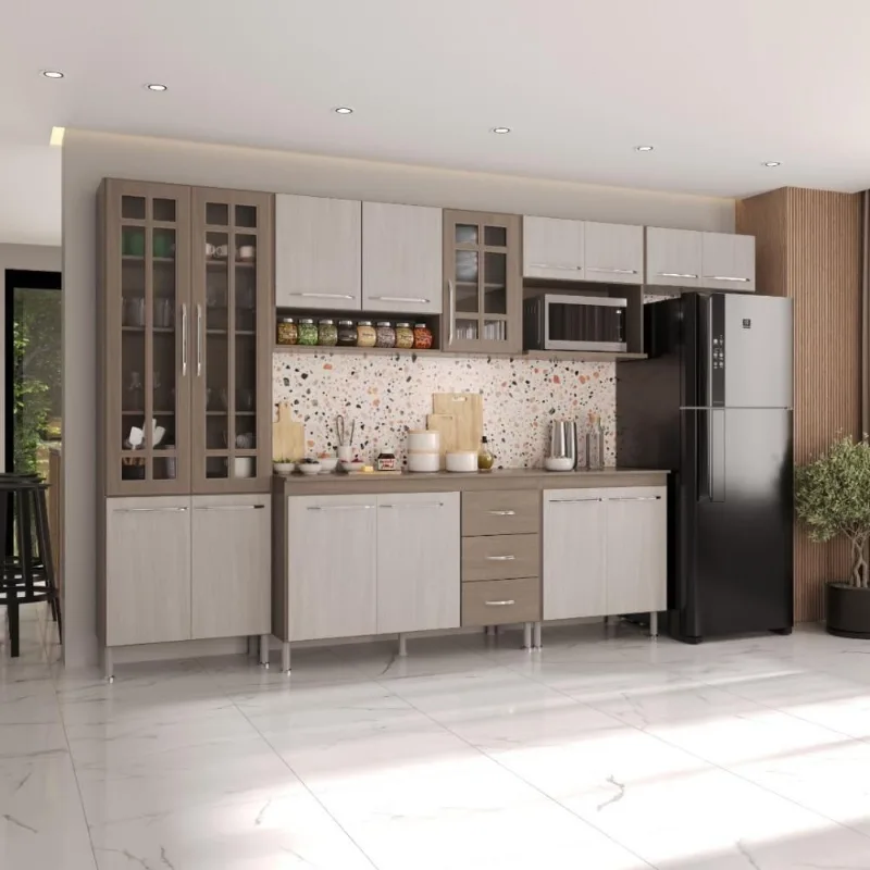 Armário de Cozinha Modulada Completa Paris 15 Portas 3 Gavetas MDP 330cm Nogal Salinas Fidelita