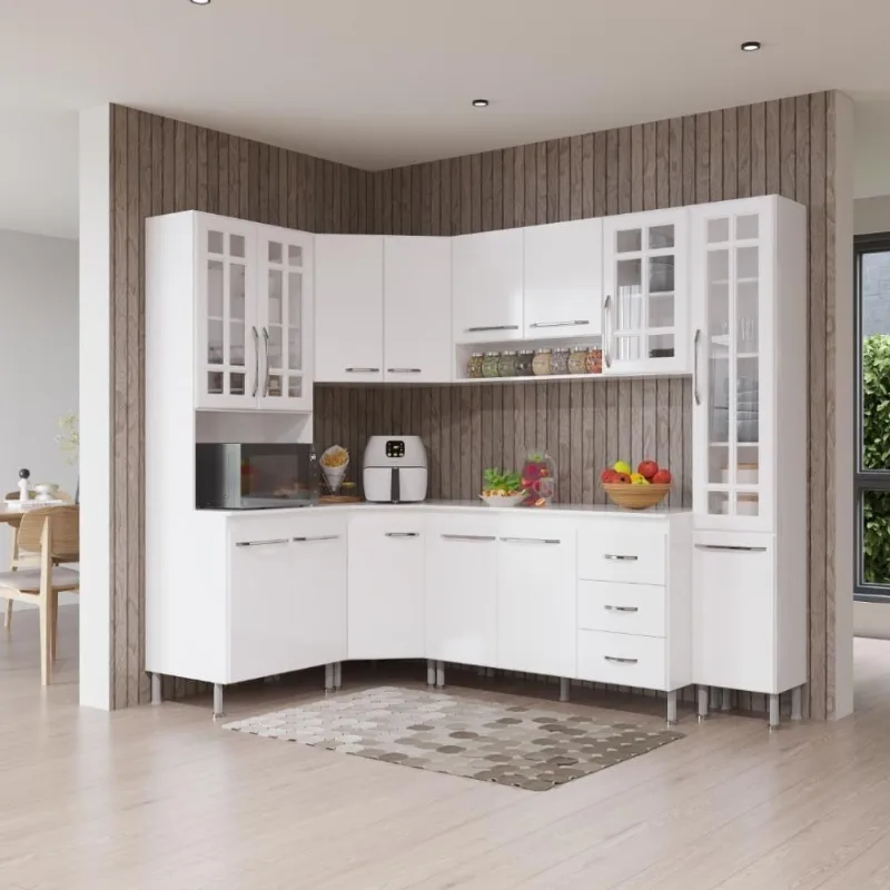 Armário de Cozinha Modulada Completa de Canto Viena 14 Portas 3 Gavetas MDF-MDP 375CM Marrom