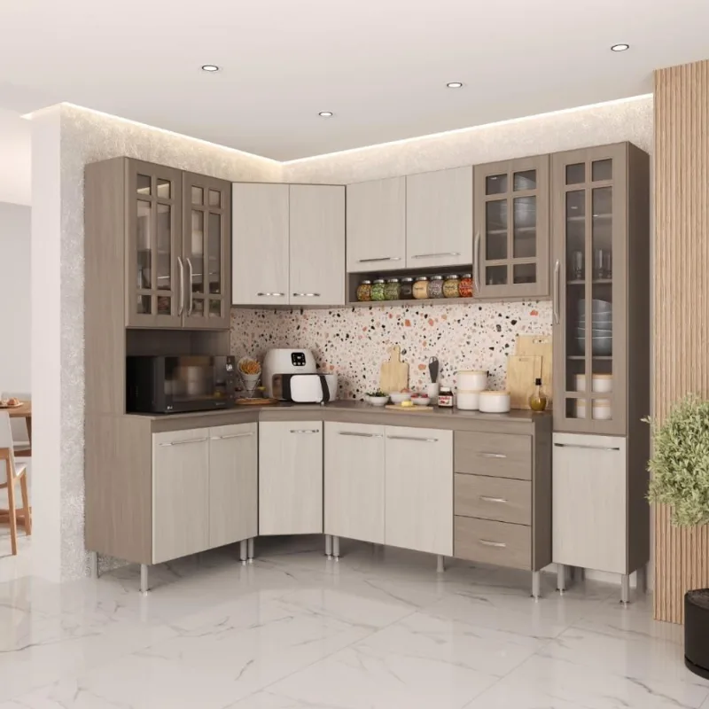 Armário de Cozinha Modulada Completa de Canto Paris 14 Portas 3 Gavetas Nogal Salinas Fidelita
