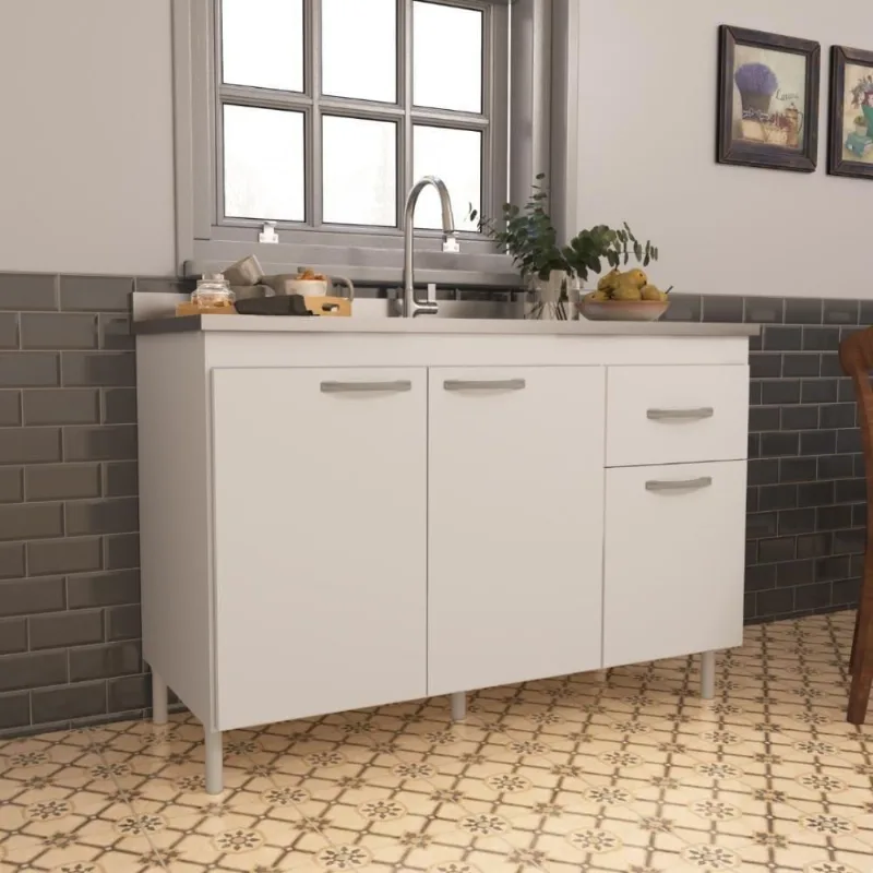 Balcão de Cozinha para Pia Suíça 3 Portas 1 Gaveta 118CM Branco Fidelita Móveis
