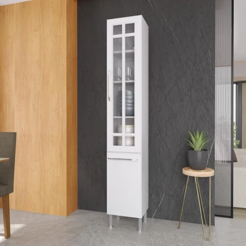 Paneleiro Simples Modulado com Vidro Viena 2 Portas 3 Prateleiras 35CM Branco Fidelita Móveis