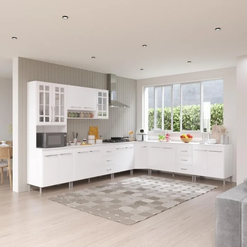 Armário de Cozinha Modulada Completa de Canto Viena 16 Portas 6 Gavetas 600cm Branco Fidelita Móveis