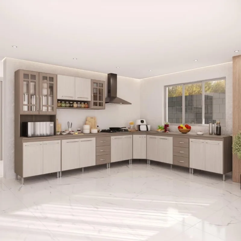 Cozinha Completa Modulada de Canto Paris 16 Portas 6 Gavetas MDF-MDP 600CM Nogal-salinas Fidelita