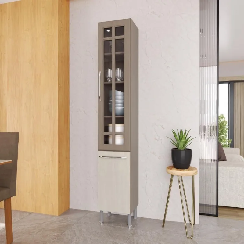 Paneleiro Simples Modulado com Vidro Paris 2 Portas 3 Prateleiras 35CM Nogal-Salinas Fidelita Móveis