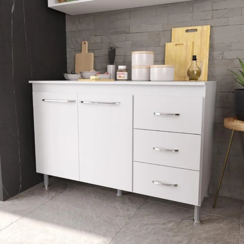 Balcão de Cozinha Viena 2 Portas 3 Gavetas 120CM Branco Fidelita Móveis