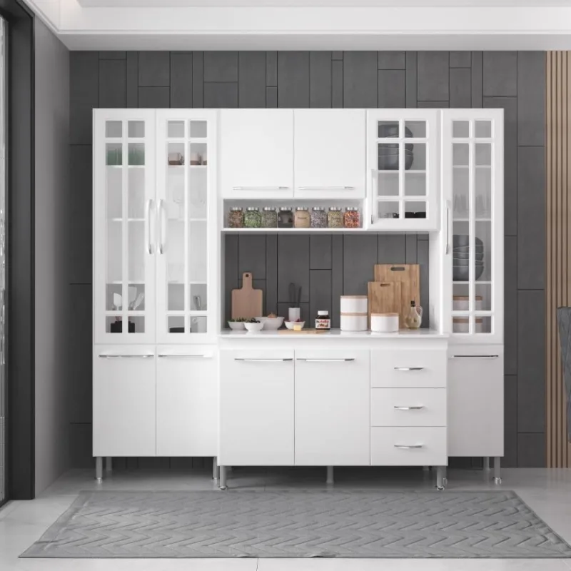 Armário de Cozinha Modulada Compacta Viena 11 Portas 3 Gavetas 225CM Branco Fidelita Móveis