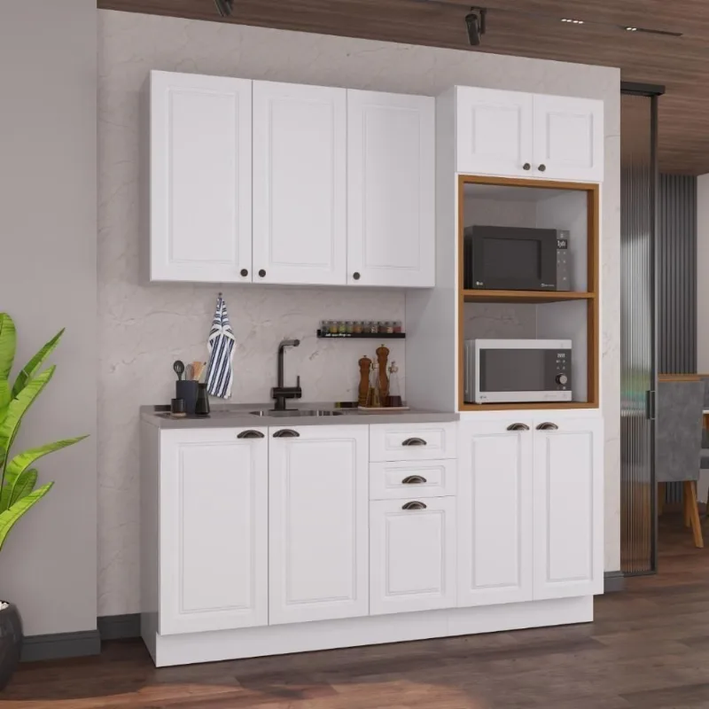 Armário de Cozinha Modulada Compacta Nara 10 Portas 2 Gavetas MDF Branco Fidelita Móveis
