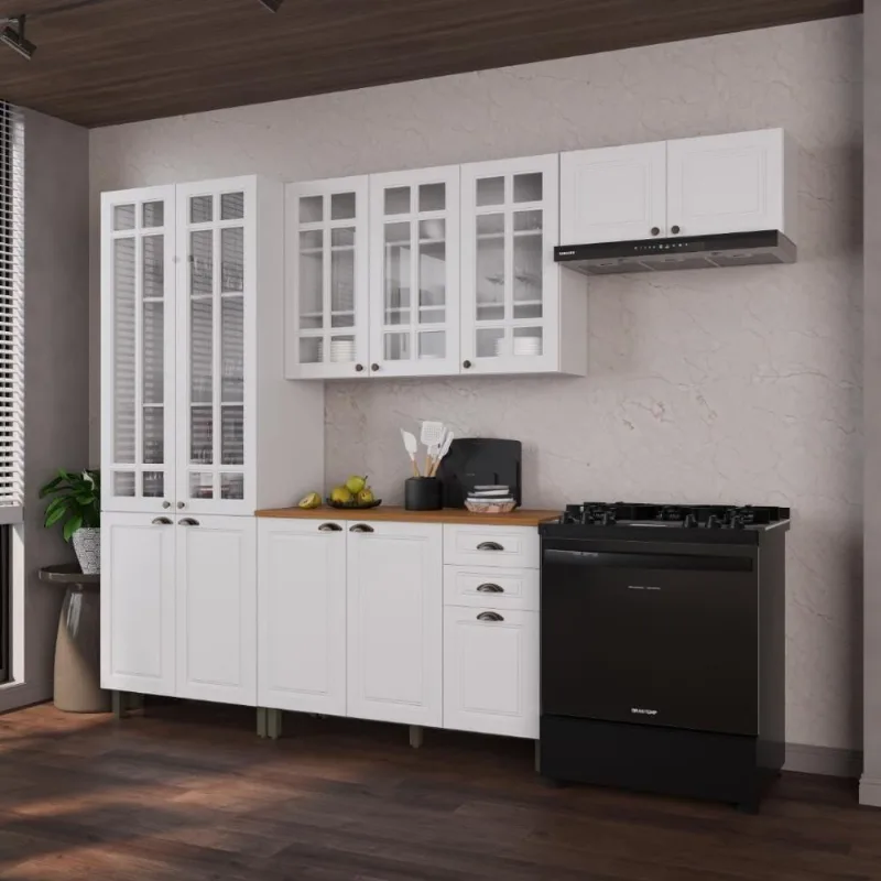 Cozinha Compacta Modulada Nara 12 Portas 2 Gavetas MDF Branco Fidelita Móveis