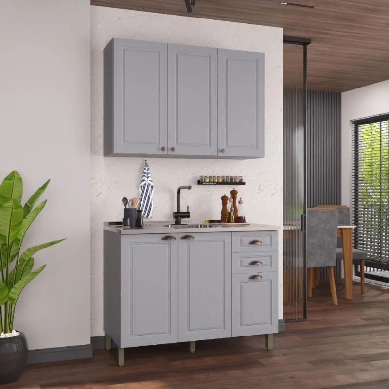 Armário de Cozinha Modulada Compacta Nara 6 Portas 2 Gavetas MDF 120CM Titânio