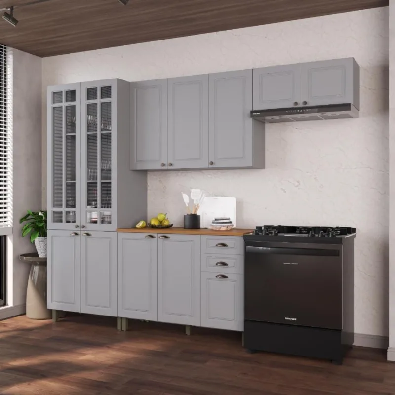 Cozinha Compacta Modulada Nara 12 Portas 2 Gavetas MDF 280CM Titânio Fidelita Móveis