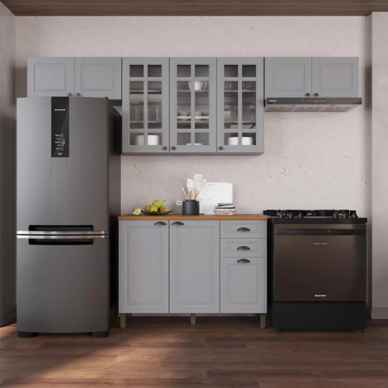 Armário de Cozinha Modulada Compacta Nara 10 Portas 2 Gavetas MDF 280CM Titânio Fidelita Móveis