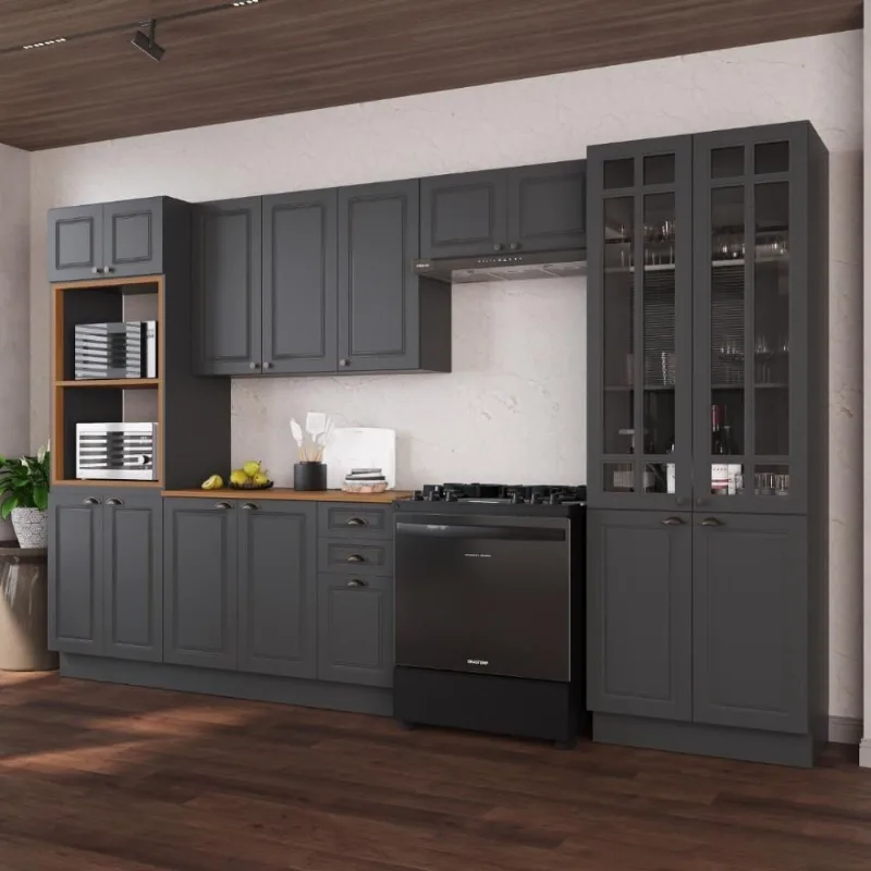 Cozinha Completa Modulada Nara 16 Portas 2 Gavetas MDF 350CM Chumbo Fidelita Móveis