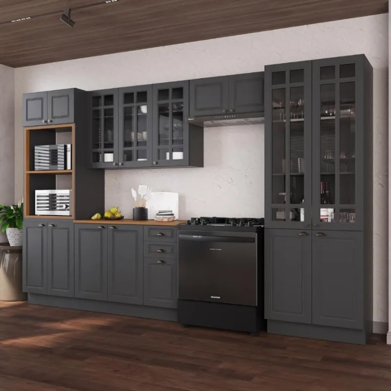 Cozinha Completa Nara 16 Portas 2 Gavetas MDF 350CM Chumbo Fidelita Móveis