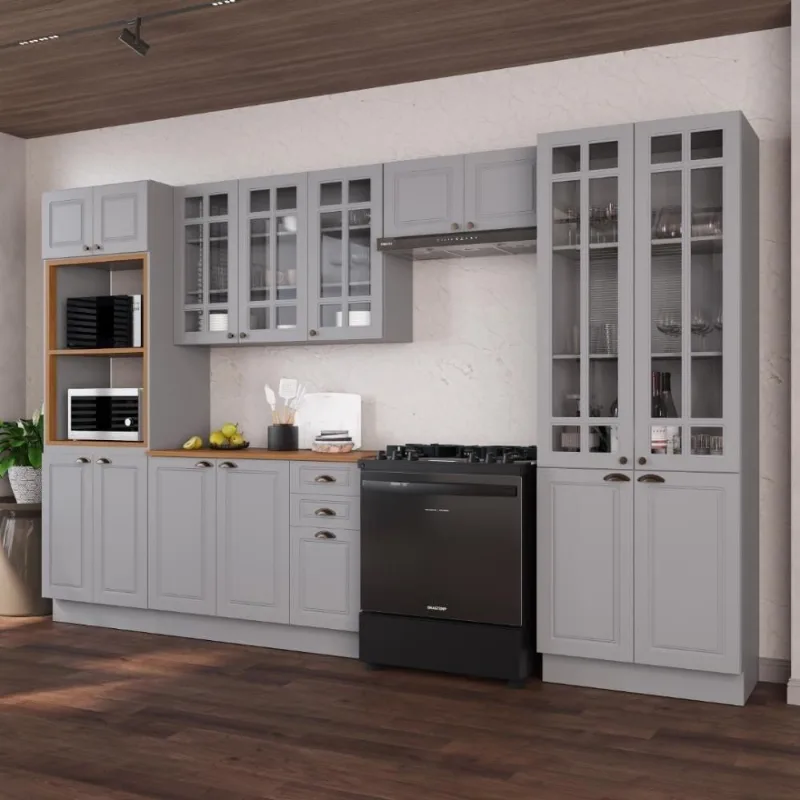 Cozinha Completa Modulada Nara 16 Portas 2 Gavetas MDF 350CM Titânio Fidelita Móveis