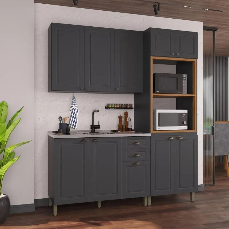 Armário de Cozinha Modulada Compacta Nara 10 Portas 2 Gavetas MDF 190CM Chumbo
