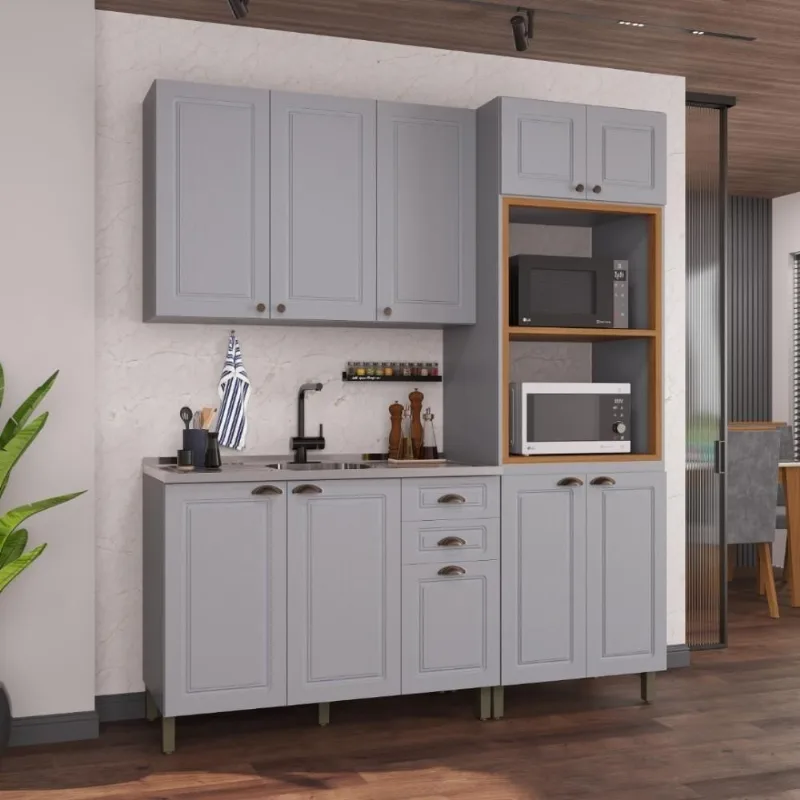 Armário de Cozinha Modulada Compacta Nara 10 Portas 2 Gavetas MDF 190cm Titânio