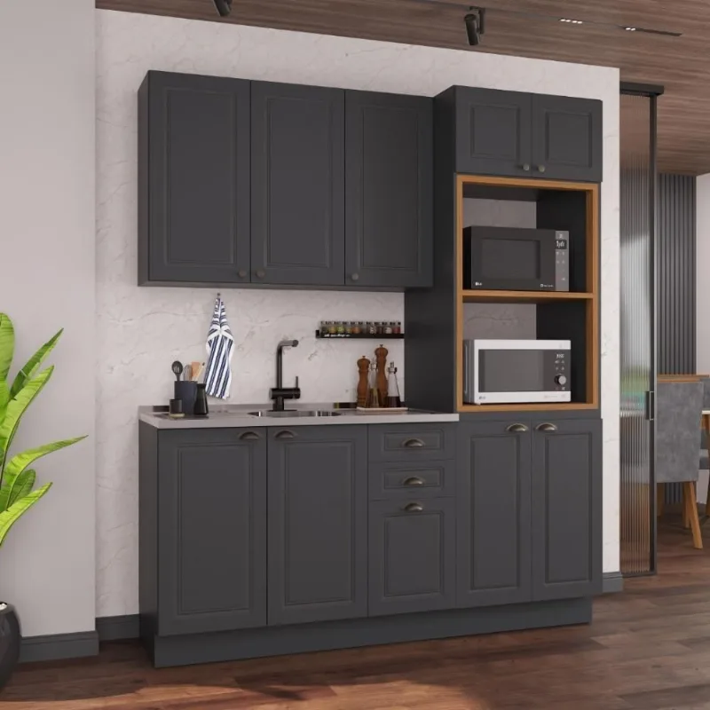 Armário de Cozinha Modulada Compacta Nara 10 Portas MDF 190cm Chumbo Fidelita Móveis 3 Peças
