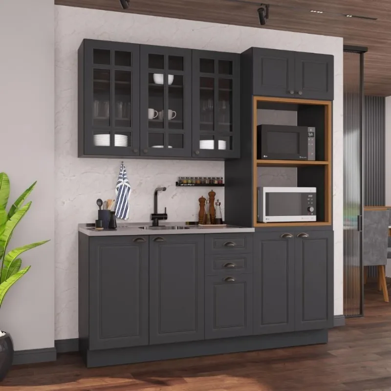 Armário de Cozinha Modulada Compacta Nara 10 Portas 2 Gavetas MDF 190CM Chumbo