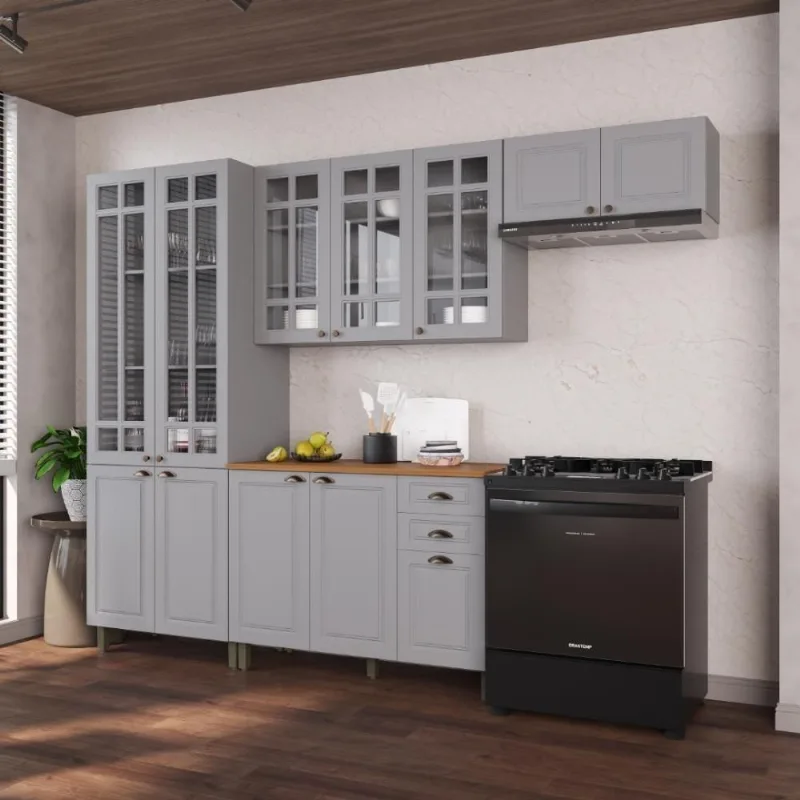 Cozinha Compacta Modulada Nara 12 Portas 2 Gavetas MDF 280CM Titânio Fidelita Móveis