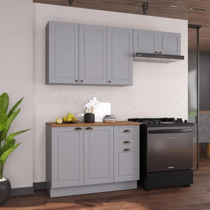 Conjunto de Cozinha 3 Peças 3 Portas 2 Gavetas MDF 120CM Titânio Amoudi