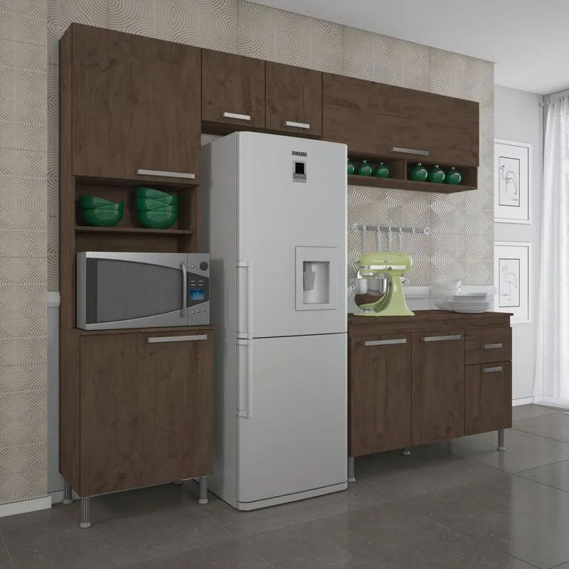 Cozinha Completa Balcão com Tampo 5 Peças 8 Portas Italian Indekes Noce