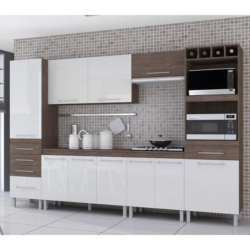 Cozinha Compacta 6 Peças com Kit 2 Fornos Ravena Indekes Nogal/Branco/Nogal