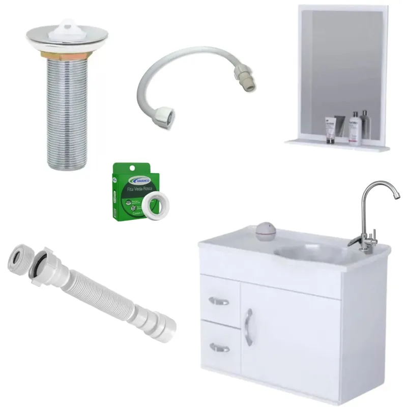 Kit Gabinete Toucador Branco Siena com Espelheira de Banheiro 1 Porta e 2avetas com Itens Cromados
