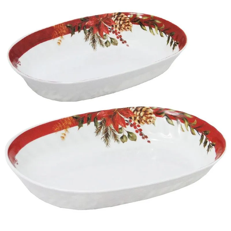Kit 2 Travessas Melamina Oval Flores/pinha 25x17cm 23x15cm
