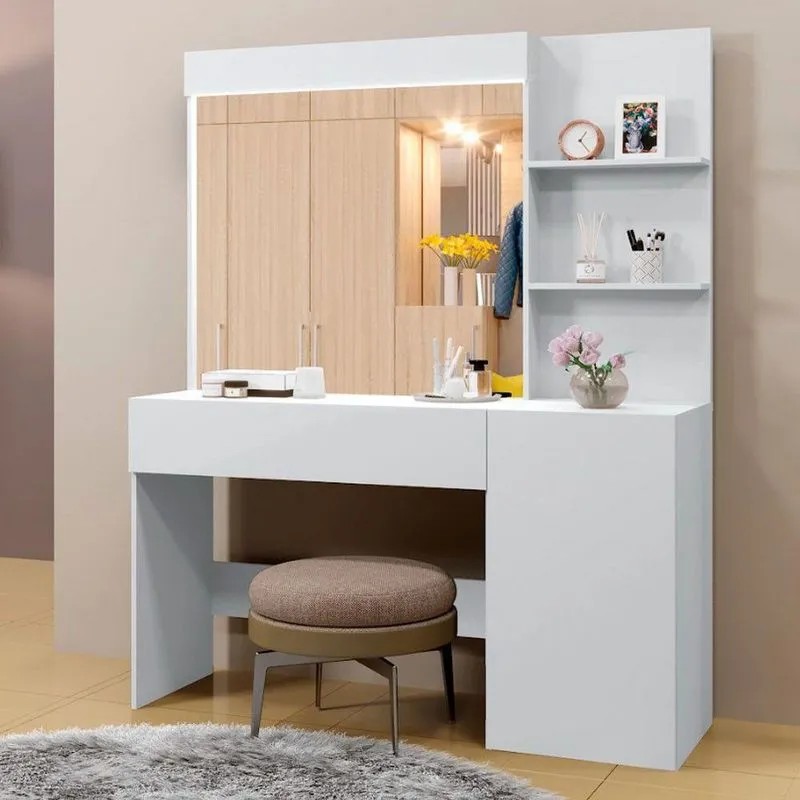 Penteadeira Camarim Londres Com Espelho 1 Gaveta 1 Porta Mavaular Branco Bivolt