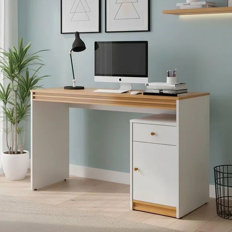 Mesa De Estudo Retangular Sevilha Moderno 1 Gaveta MDF 120cm Off White E Naturalle
