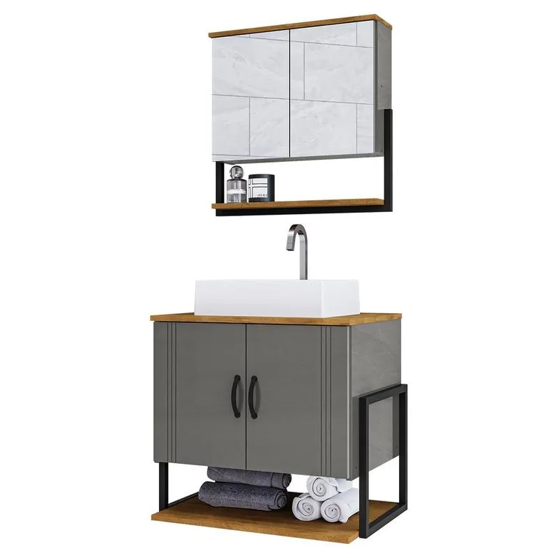Kit Gabinete De Banheiro Londres Com Espelheira E Cuba Titanium/naturale