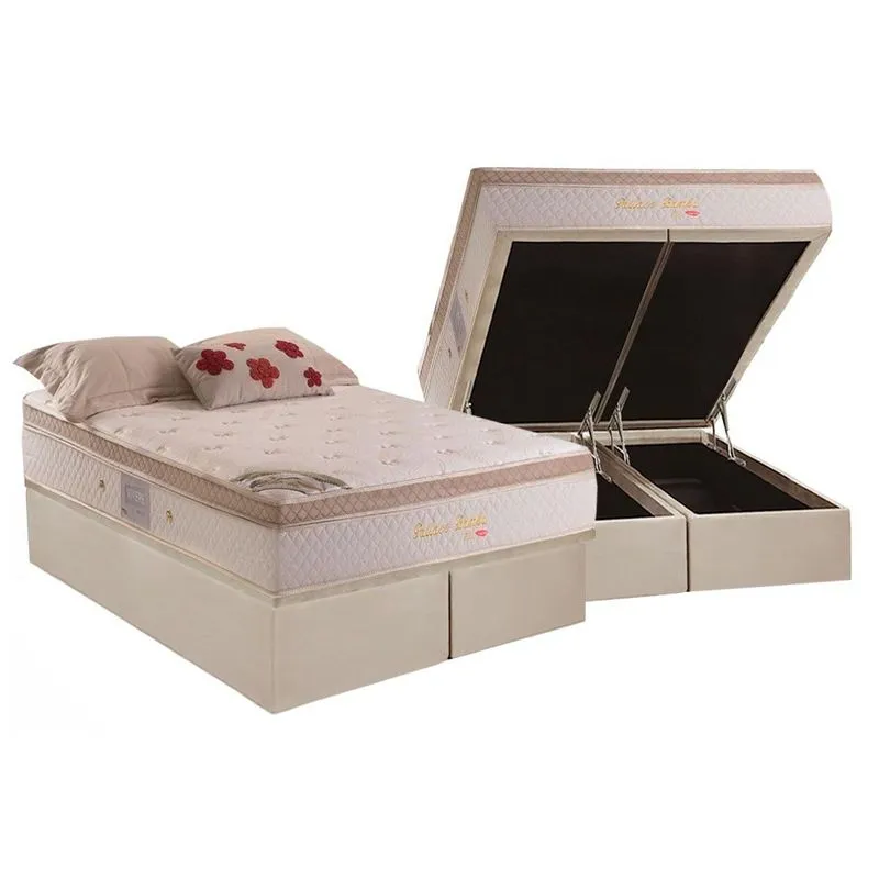 Cama Box Baú Queen: Colchão Molas Herval MasterPocket Ensacadas Pallace Bambu Plus + Base CRC Suede Bege(158x198)