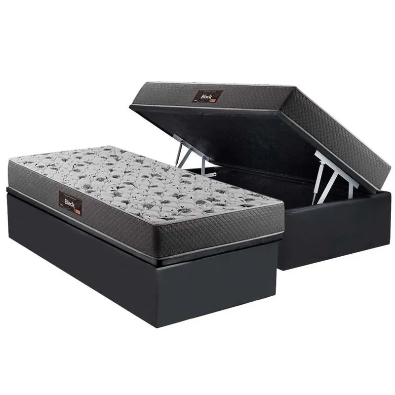 Cama Baú Solteiro: Colchão Espuma Herval D28/AG65 Black DF + Box crc Suede Cinza(88x188)