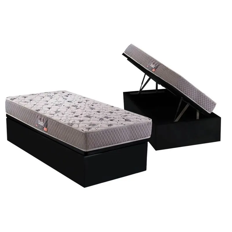 Cama Box Baú Solteiro: Colchão Espuma D45 Herval / AG65 Black Double Face + Base crc Suede Black(88x188)