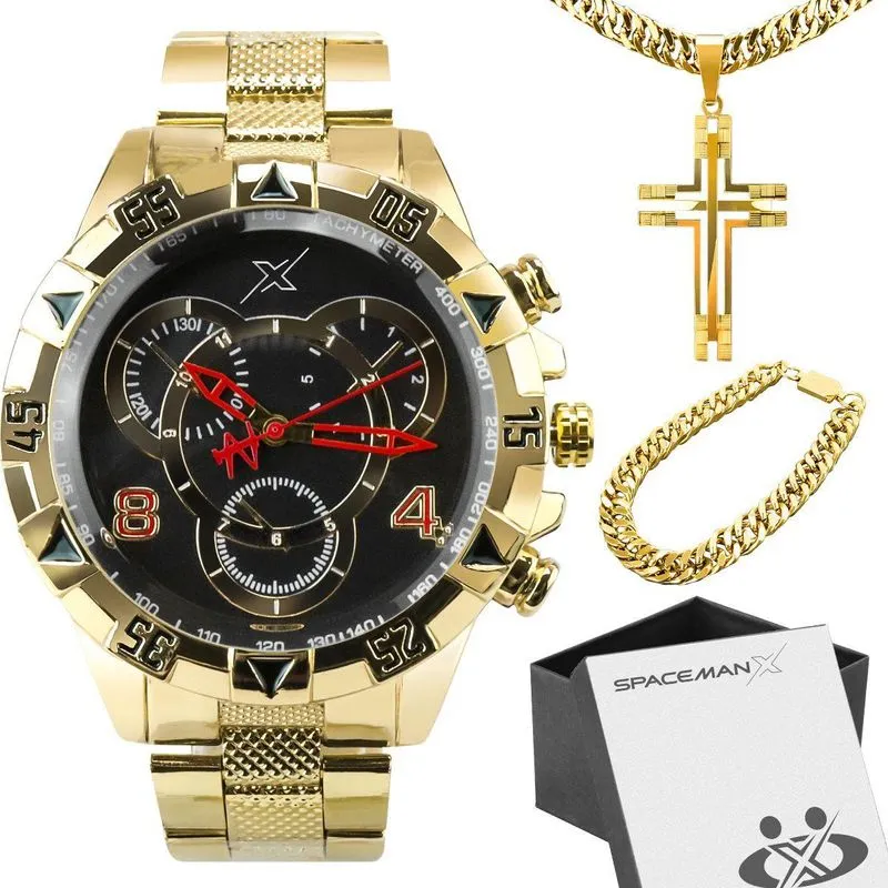 Relogio Masculino Banhado Aço + Caixa + Pulseira + Corrente