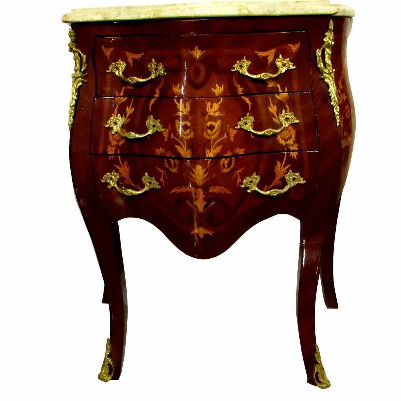 Cômoda Bombê com Marchetaria e Tampo em Mármore - 76x88x44cm