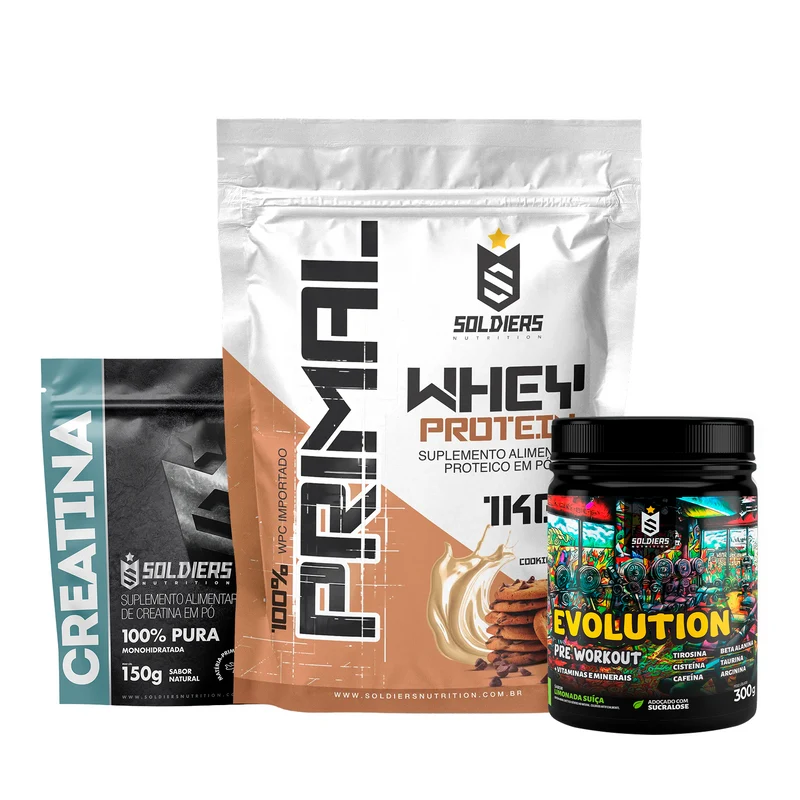 Kit Whey Primal 1Kg + Creatina 300g + Pré Treino Evolution 300g Cookies / Melancia