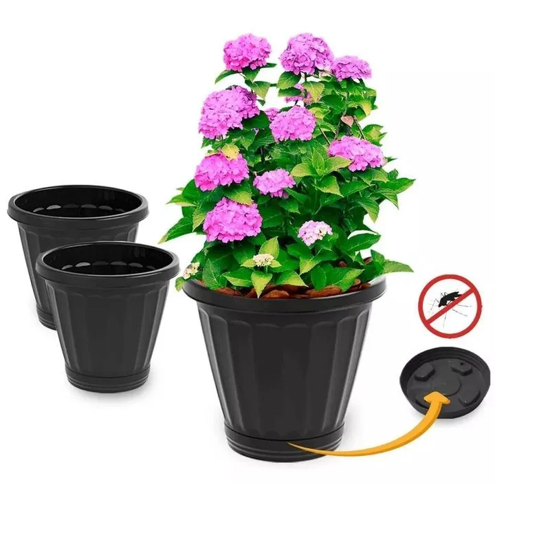 Kit 3 Vasos Cachepot P Plantas Flores C Prato N13 Preto