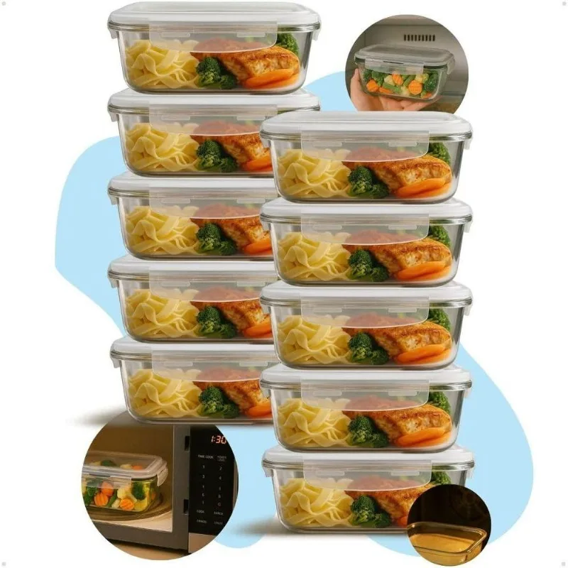 Kit 10 Potes Herméticos de Vidro 640ml para Marmitas e Conservação Transparente Genérico